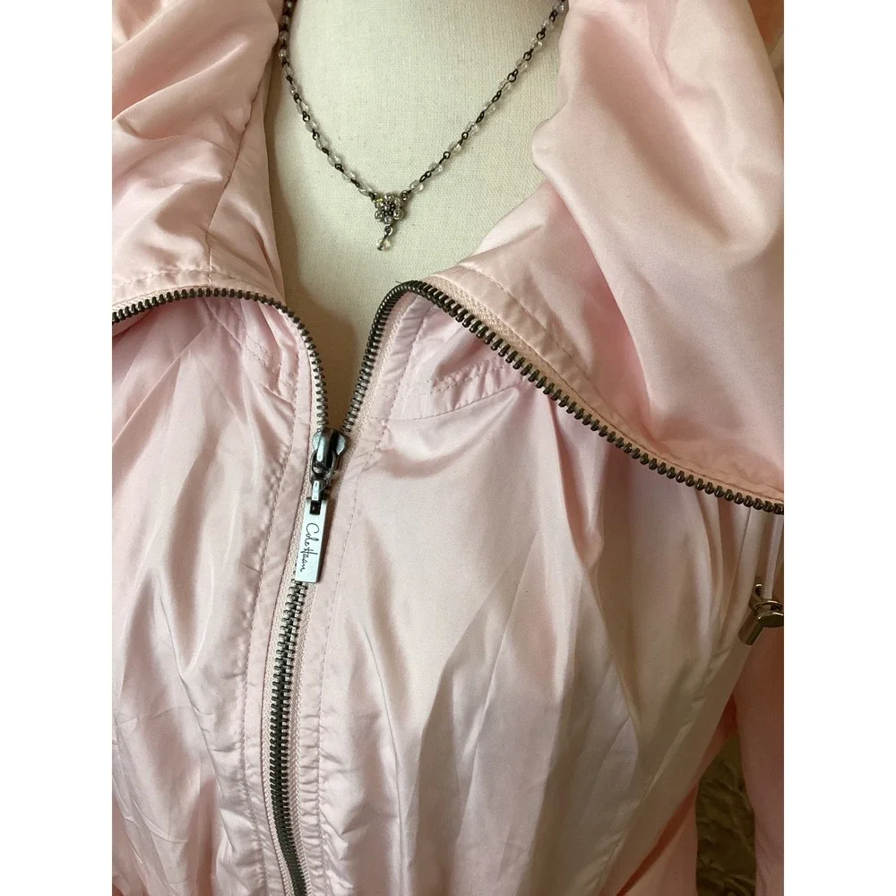 Cole Haan Baby Pink Rain Coat SZ Medium Bow Cuff Belted Jacket - Picture 2 of 7